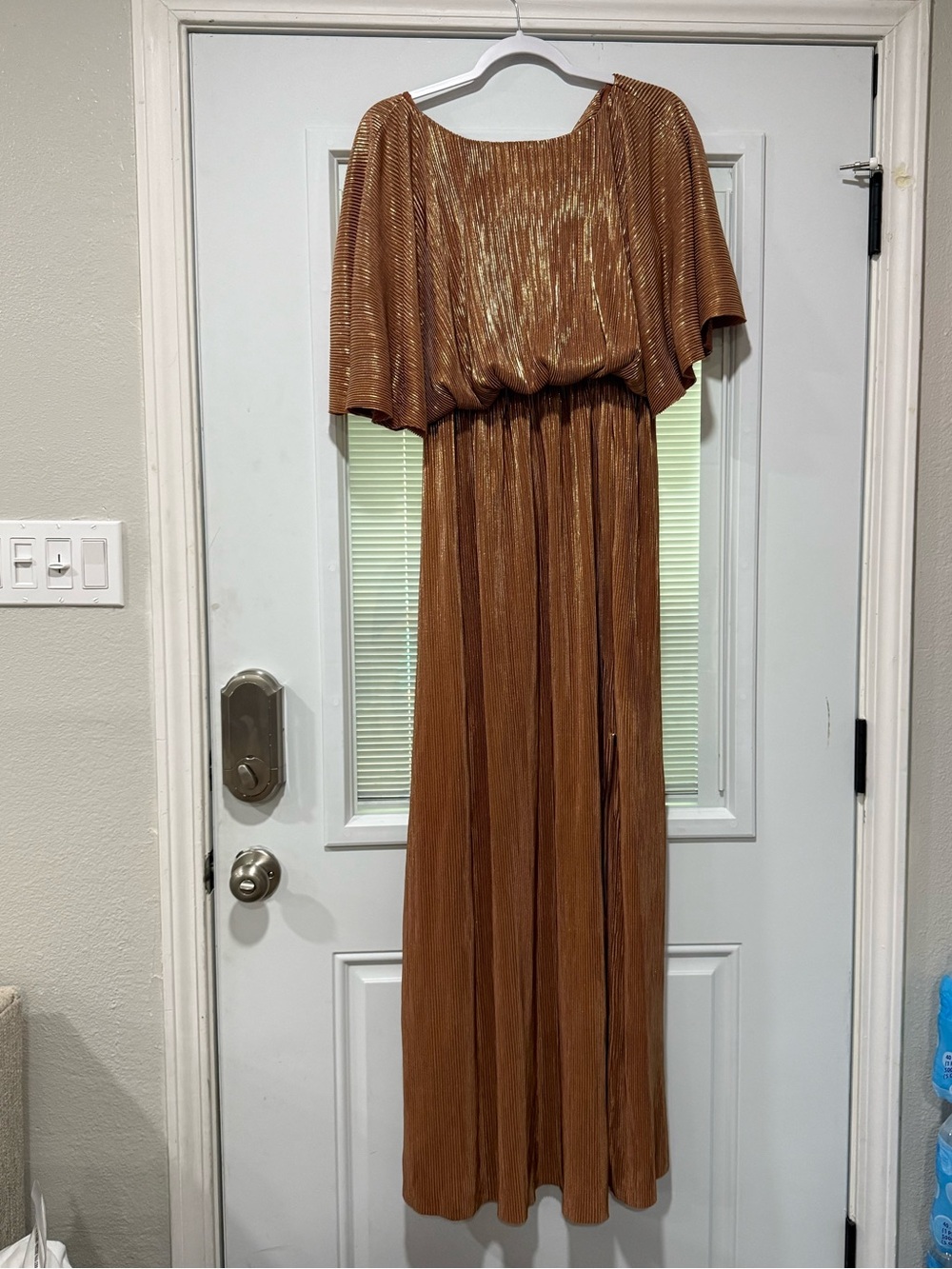 Metallic Copper Maxi Dress with Flutter Sleeves